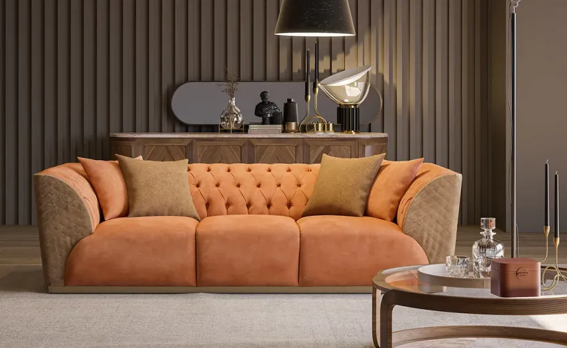Luxury Orange & Beige Upholstered Tufted 3 Seater Sofa with Curved Arms Design-Luxury sofa by Luxury Group International
