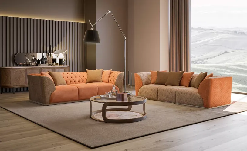Luxury Orange & Beige Upholstered Tufted 3 Seater Sofa with Curved Arms Design-Luxury sofa by Luxury Group International