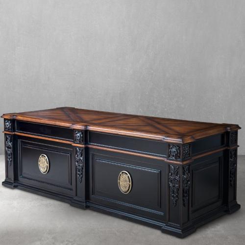 Luxury Ornate Executive Office Desk in Dark Oak with Baroque Relief Carvings & Walnut Top Back View by Luxury Group International