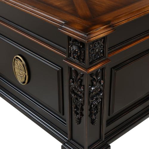 Luxury Ornate Executive Office Desk in Dark Oak with Baroque Relief Carvings & Walnut Top Detail View by Luxury Group International