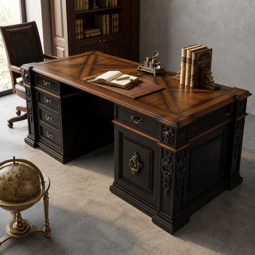 Luxury Ornate Executive Office Desk in Dark Oak with Baroque Relief Carvings & Walnut Top Lifestyle View by Luxury Group International