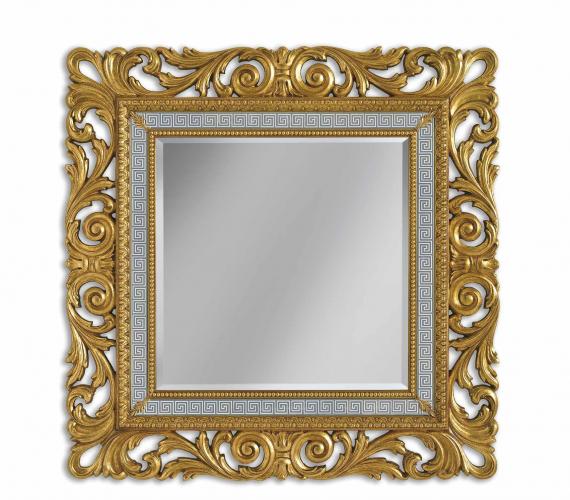 Luxury Ornate Gold Baroque Wall Mirror with Sculpted Leaf Frame & Silver Greek Key Trim - Baroque Mirror Front View by Luxury Group International
