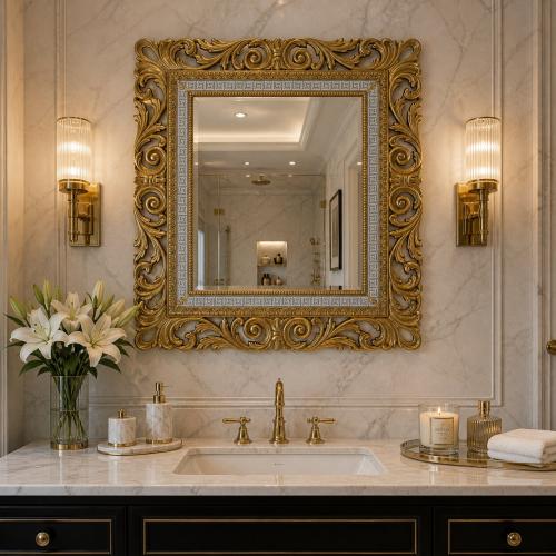 Luxury Ornate Gold Baroque Wall Mirror with Sculpted Leaf Frame & Silver Greek Key Trim - Baroque Mirror Lifestyle View by Luxury Group International