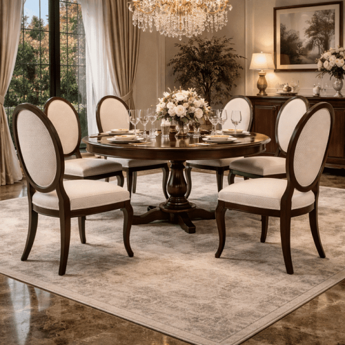 Luxury Oval Back Cream Upholstered Wooden Dining Chair in Walnut Finish - Dining Room Furniture Lifestyle View by Luxury Group International