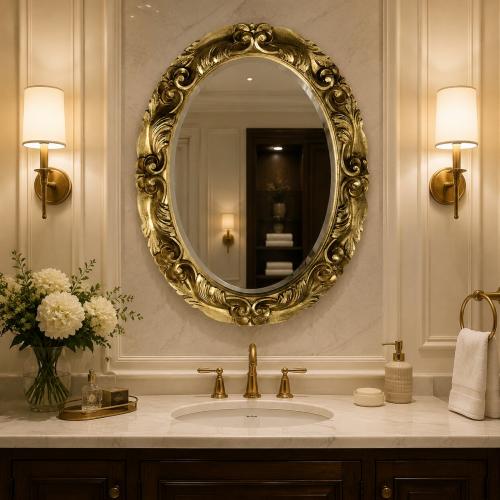 Luxury Oval Baroque Gold Wall Mirror with Deep-Carved Acanthus Floral Scroll - Baroque Mirror Lifestyle View by Luxury Group International