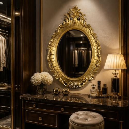 Luxury Oval Baroque Gold Wall Mirror with Tall Acanthus Crown & Ornate Leaf Ribbed Frame - Baroque Mirror Lifestyle View by Luxury Group International
