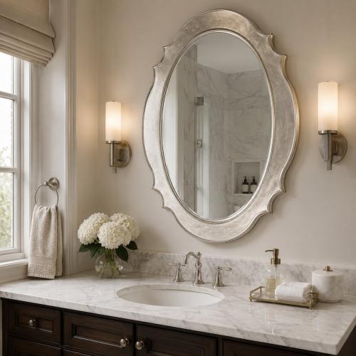 Luxury Oval Baroque Silver Wall Mirror with Curved Scalloped Frame - Baroque Mirror Lifestyle View by Luxury Group International