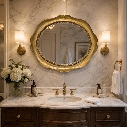 Luxus Ovaler Barocker Wandspiegel im Goldenen Blütenblatt-Rahmen mit Dekorativem Innenrand – Barocker Spiegel Lifestyle-Ansicht von Luxury Group International