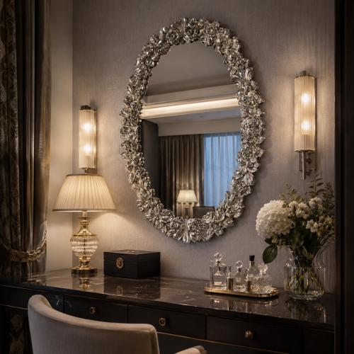 Luxury Oval Baroque Wall Mirror in Silver Floral Frame - Baroque Mirror Lifestyle View by Luxury Group International