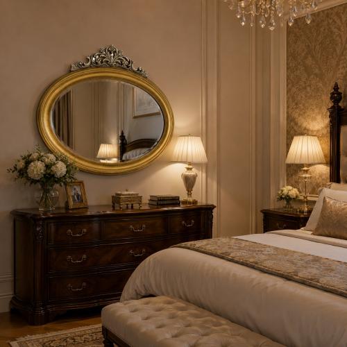 Luxury Oval Baroque Wall Mirror with Gold Frame & Silver Floral Crest - Baroque Mirror Lifestyle View by Luxury Group International