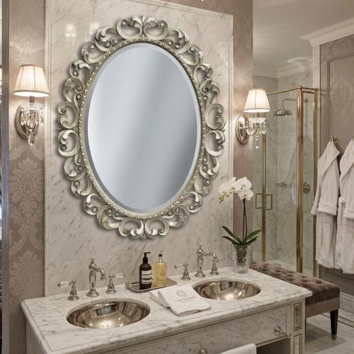 Luxury Oval Baroque Wall Mirror with Open Scroll Frame - Gold & Silver Finish Variations Lifestyle View by Luxury Group International