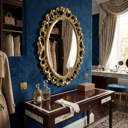 Luxury Oval Baroque Wall Mirror with Open Scroll Frame - Gold & Silver Finish Variations Lifestyle View by Luxury Group International