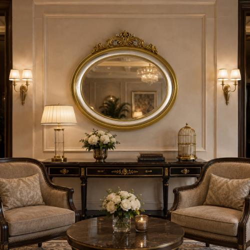 Luxury Oval Baroque Wall Mirror with Silver Inner Frame & Ornate Gold Floral Crest - Baroque Mirror Lifestyle View by Luxury Group International
