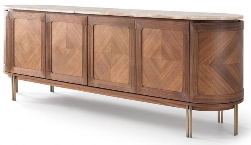 Buffet ovale de luxe en bois massif marron / beige / laiton - avec 4 portes et plateau en marbre par Luxury Group International