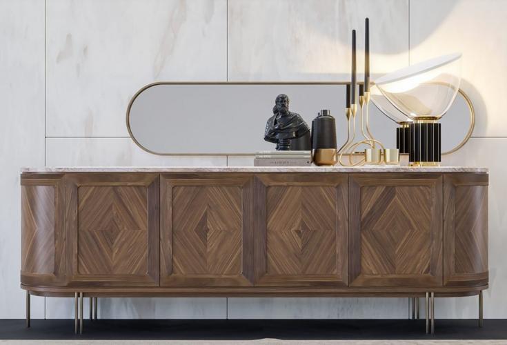 Buffet ovale de luxe en bois massif marron / beige / laiton - avec 4 portes et plateau en marbre par Luxury Group International