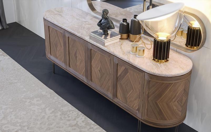 Buffet ovale de luxe en bois massif marron / beige / laiton - avec 4 portes et plateau en marbre par Luxury Group International