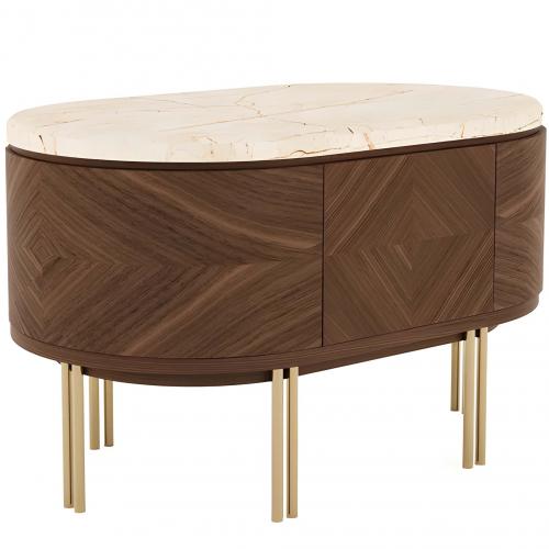 Luxury Oval Walnut Nightstand with Marble Top and Brass Legs for Modern Interiors by Luxury Group International