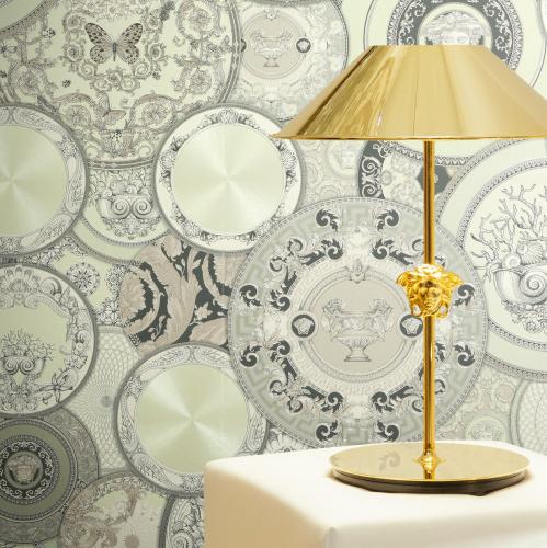 Versace Pastel Green Baroque Designer Medusa Plate Motif Wallpaper by Luxury Group International