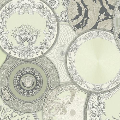 Luxury Pastel Green Baroque Designer Medusa Plate Motif Versace Wallpaper for Home Decor by Luxury Group International