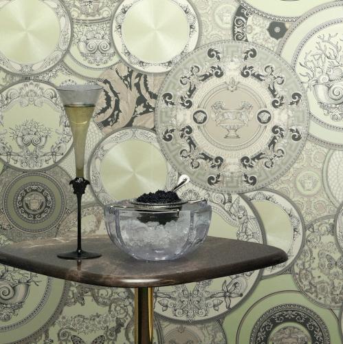 Versace Pastel Green Baroque Designer Medusa Plate Motif Wallpaper by Luxury Group International