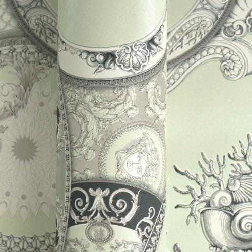 Versace Pastel Green Baroque Designer Medusa Plate Motif Wallpaper by Luxury Group International