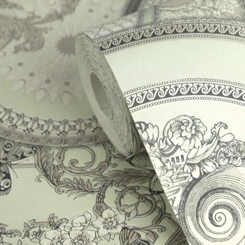 Versace Pastel Green Baroque Designer Medusa Plate Motif Wallpaper by Luxury Group International