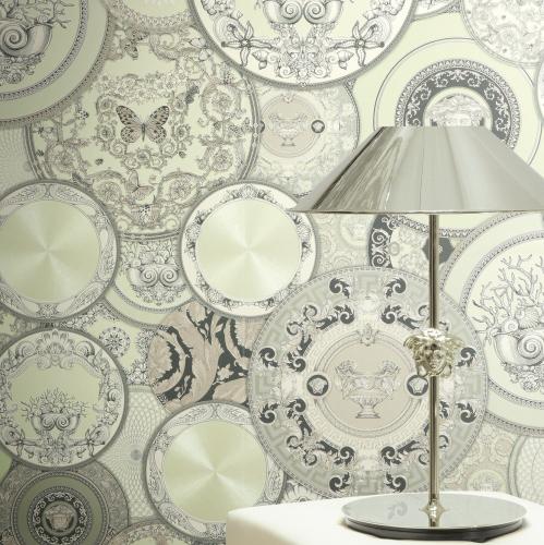 Versace Pastel Green Baroque Designer Medusa Plate Motif Wallpaper by Luxury Group International