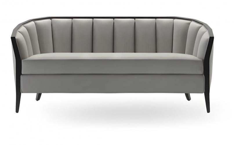 Luxuriöses perlgrau gepolstertes Sofa mit geriffelter Rückenlehne und schwarzem Holzrahmen - 3-Sitzer von Luxury Group