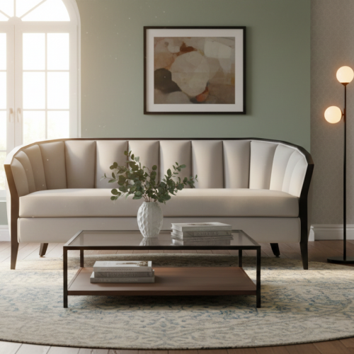 Luxury Pearl Grey Upholstered Sofa with Fluted Backrest and Black Wood Frame – 3 Seater by Luxury Group International