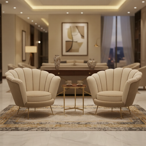 Luxury Petal Sculpted Upholstered Armchair in Soft Cream Velvet with Brushed Gold Legs by Luxury Group International