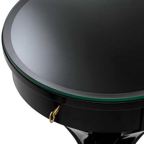 Luxury Piano Black Finish Wooden Round Side Table With Clear Glass Top & Drawer by Luxury Group International