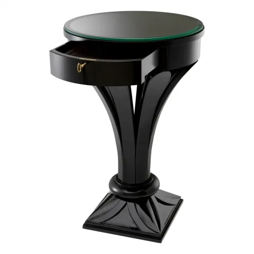 Luxury Piano Black Finish Wooden Round Side Table With Clear Glass Top & Drawer by Luxury Group International