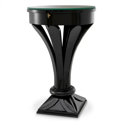 Luxury Piano Black Finish Wooden Round Side Table With Clear Glass Top & Drawer by Luxury Group International