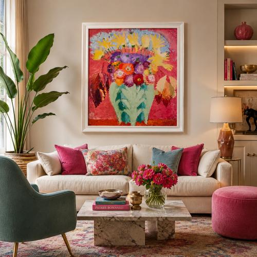 Luxuriöse rosa/lila Blumen-Wandkunst mit lebendig handbemaltem Blumenstrauß-Vasen-Design von Luxury Group International