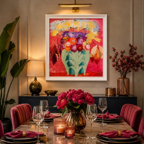 Luxuriöse rosa/lila Blumen-Wandkunst mit lebendig handbemaltem Blumenstrauß-Vasen-Design von Luxury Group International