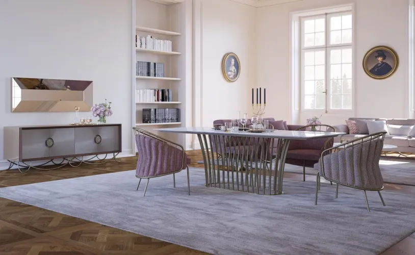 Luxury Pink Upholstered Designer Metal Dining Chair with Golden Rod Frame by Luxury Group International