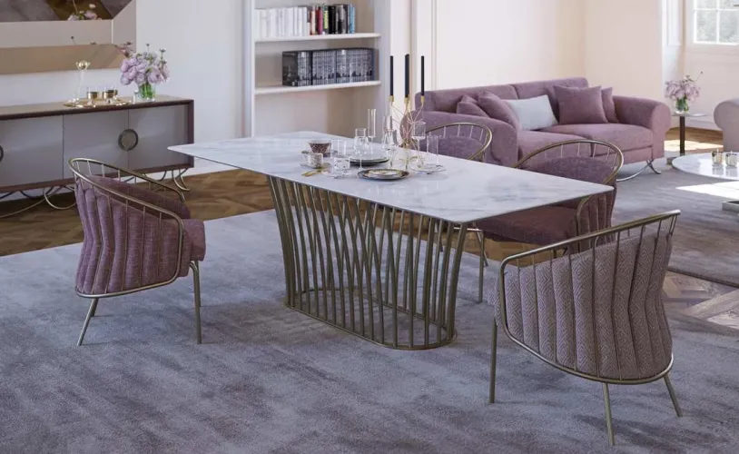 Luxury Pink Upholstered Designer Metal Dining Chair with Golden Rod Frame by Luxury Group International