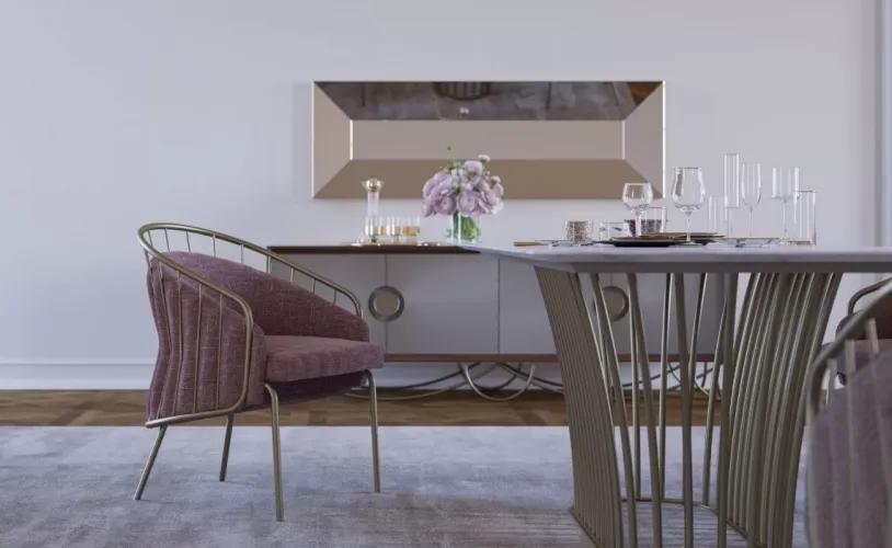 Luxury Pink Upholstered Designer Metal Dining Chair with Golden Rod Frame by Luxury Group International