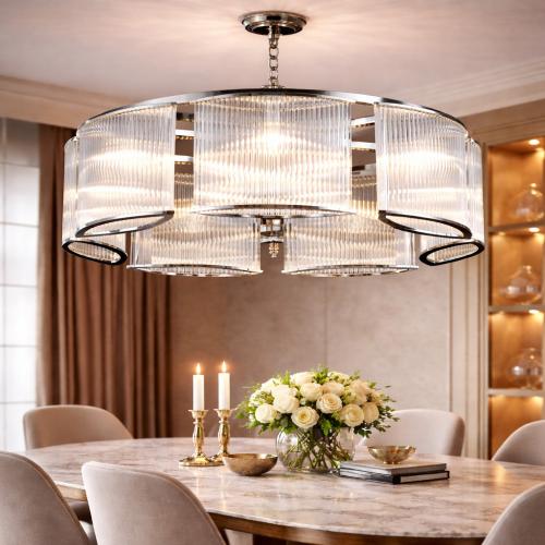 Luxury Polished Chrome Art Deco Ribbed Glass Drum Chandelier for Home Decor by Luxury Group International