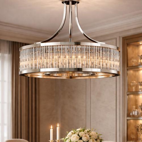 Luxury Polished Nickel Art Deco Drum Crystal Chandelier with Beaded Rod Design by Luxury Group International