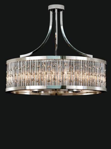 Luxuriöser polierter Nickel Art Deco Trommel-Kristall-Kronleuchter mit Perlenstab-Design von Luxury Group International