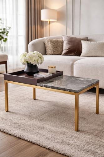 Luxury Rectangular Brass Finish Marble Top Oak Veneer Side Table - Grey/Brown by Luxury Group International