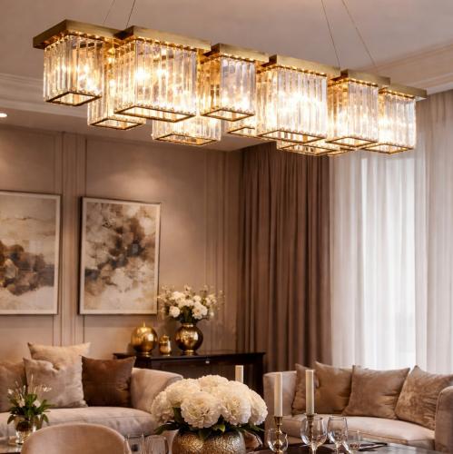 Luxury rectangular Brass finish modern glossy ornate crystal chandelier with Cubic Design Lifestyle View by Luxury Group International
