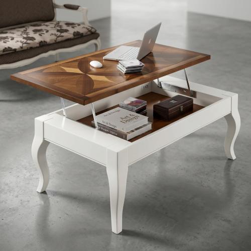 Table basse rectangulaire de luxe avec plateau relevable et marqueterie géométrique en bois Vue détaillée par Luxury Group International