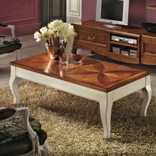 Table basse rectangulaire de luxe avec plateau relevable et marqueterie géométrique en bois Vue lifestyle par Luxury Group International