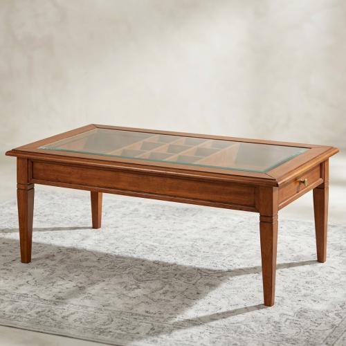 Luxury Rectangular Coffee Table with Glass Display Top & Integrated Side Drawer Storage Front View by Luxury Group International