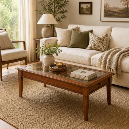 Luxury Rectangular Coffee Table with Glass Display Top & Integrated Side Drawer Storage Lifestyle View by Luxury Group International