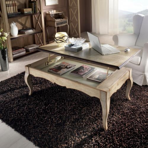 Table basse rectangulaire de luxe avec rangement à plateau relevable finition bois vieilli Vue détaillée par Luxury Group International