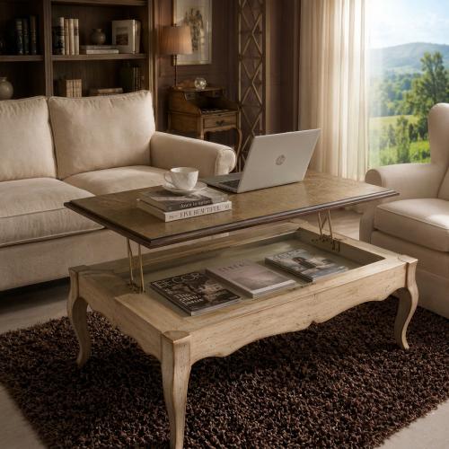 Table basse rectangulaire de luxe avec rangement à plateau relevable finition bois vieilli Vue lifestyle par Luxury Group International
