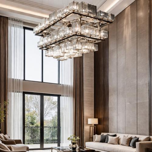 Luxury Rectangular Crystal Hanging Chandelier with Multiple Cubic Lights Design Lifestyle View by Luxury Group International
